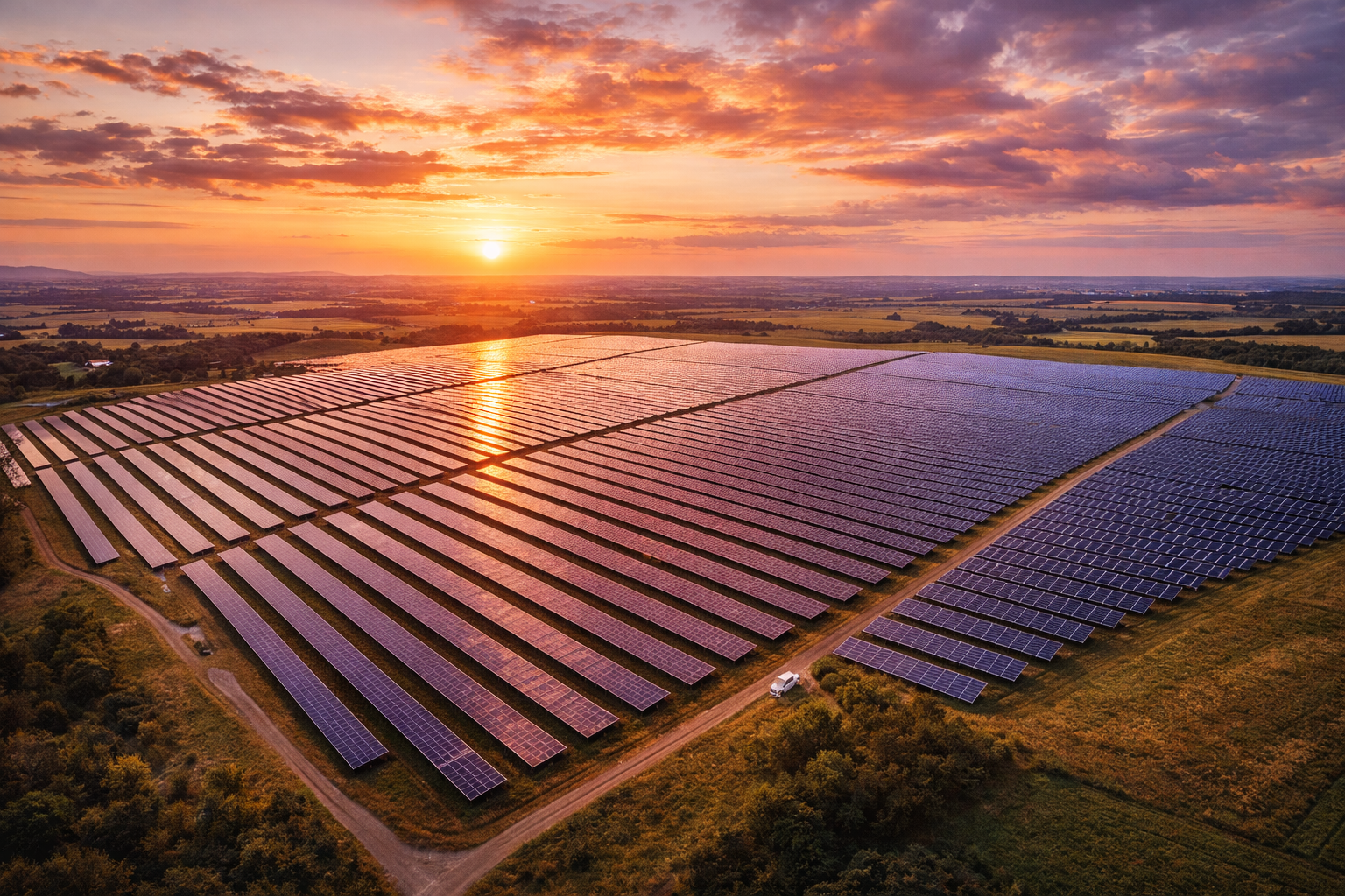 Widok z lotu ptaka na wielkoskalową farmę solarną o zachodzie słońca