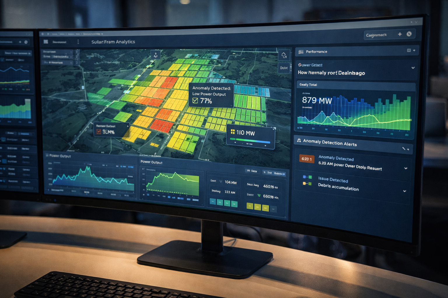Dashboard analityki AI pokazujący dane wydajności farmy solarnej