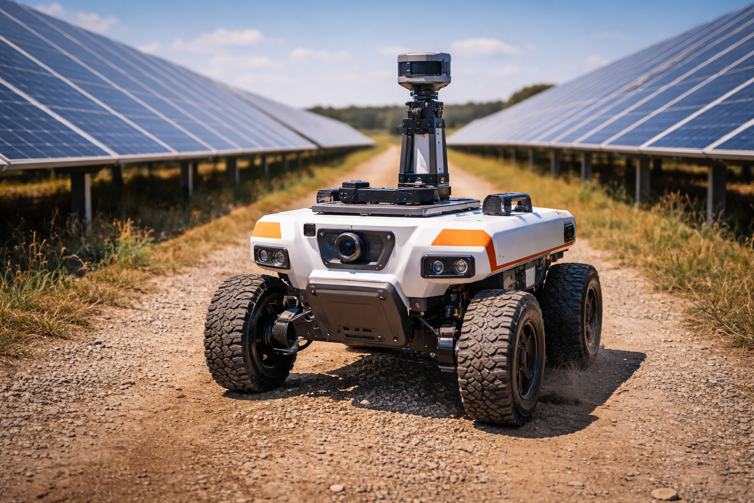 Robot inspekcyjny poruszający się między rzędami paneli słonecznych